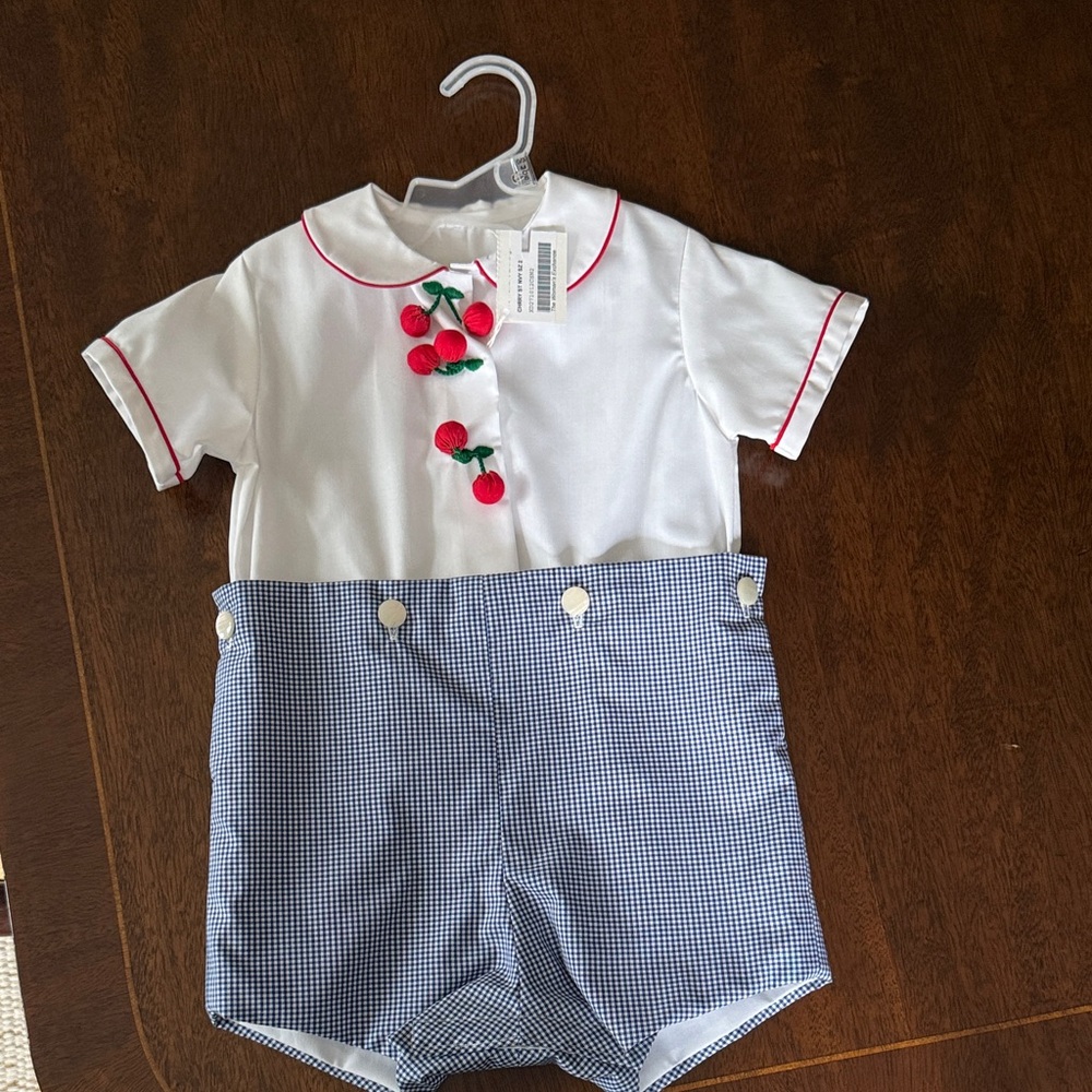 White and Blue Baby Romper with Cherry Design